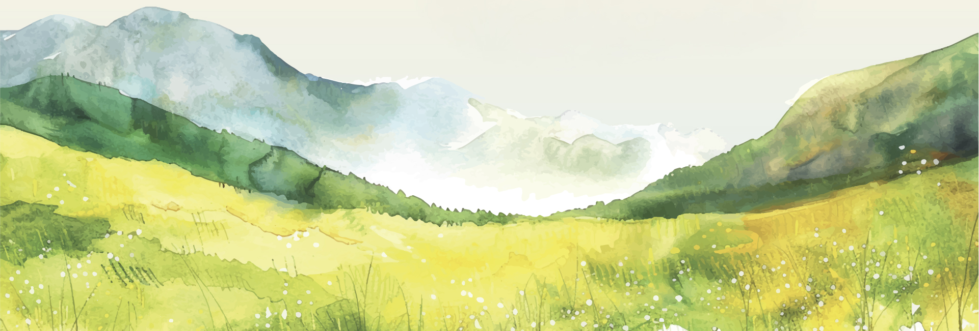 Watercolor-style illustration of a green valley with rolling hills and mountains in the background under a soft sky.