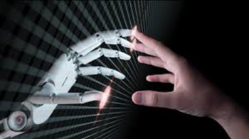 A robot and human hands touching finger tips.