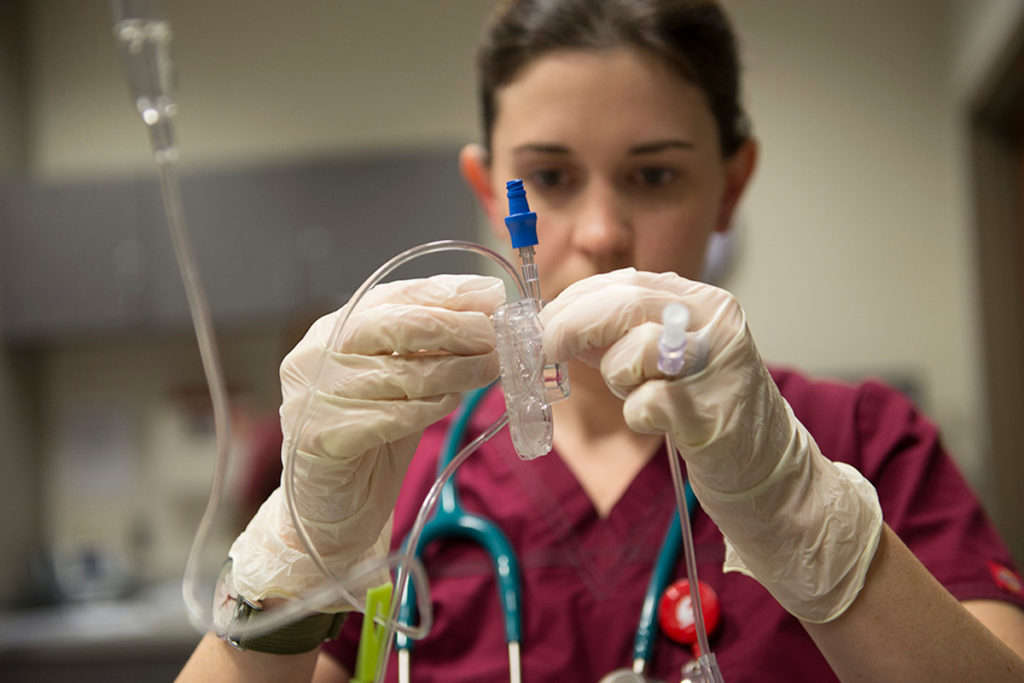 WSU Nursing student inspecting a IV drip