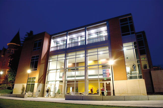 Murrow College's Goertzen Hall at night