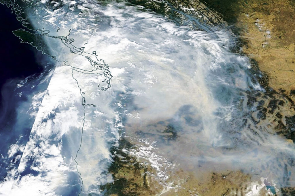 aerial view of Washington with blanket of smoke over it