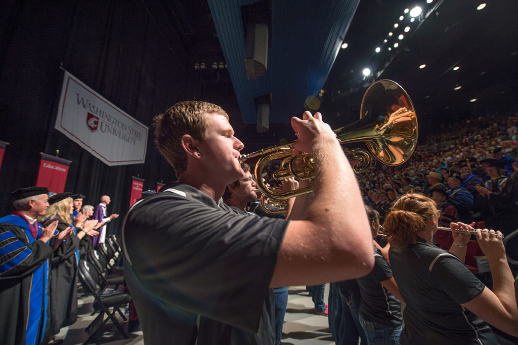 WSU band members play during University Convocation.