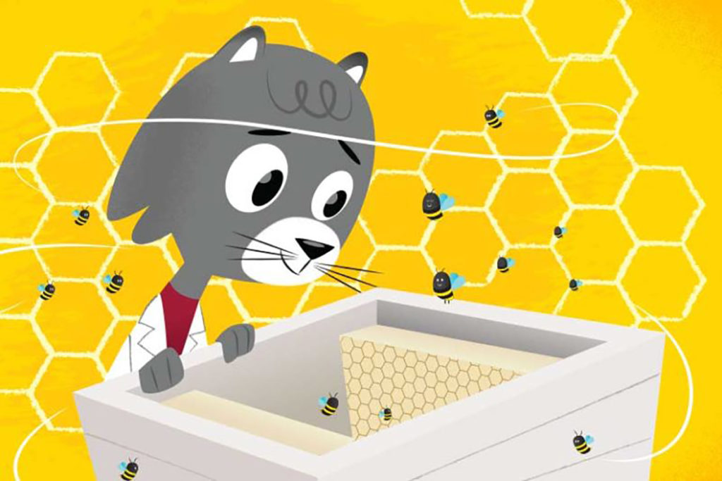 Dr. Universe overlooking a bee hive.