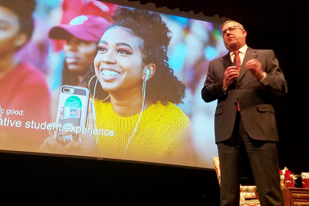 WSU President Kirk Schulz on stage during his 2019 State of the University Address.