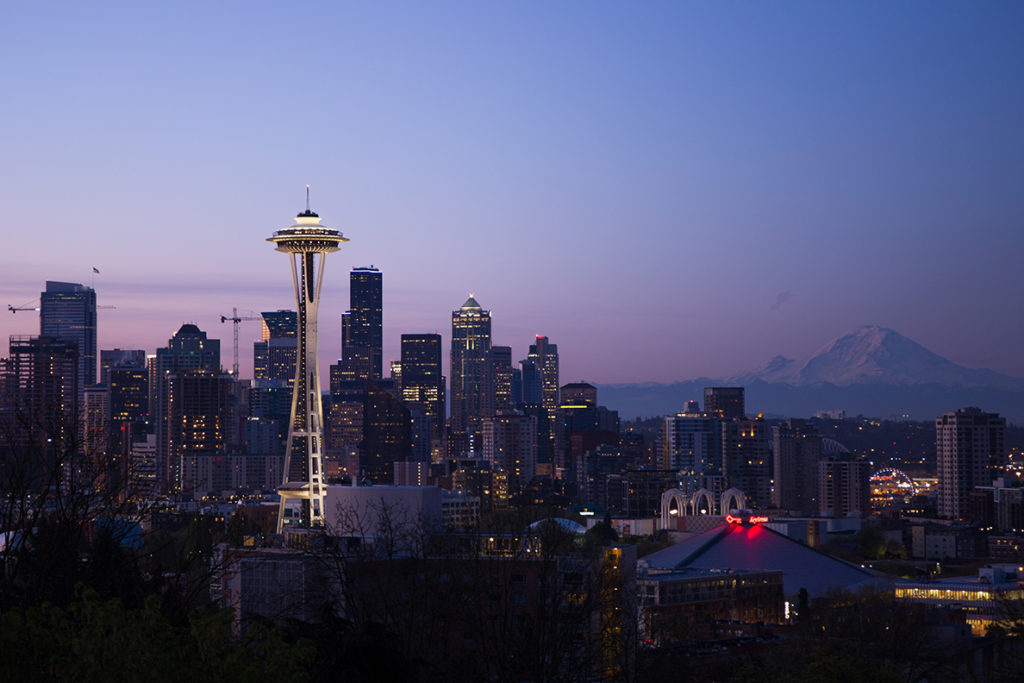 Seattle skyline at night.