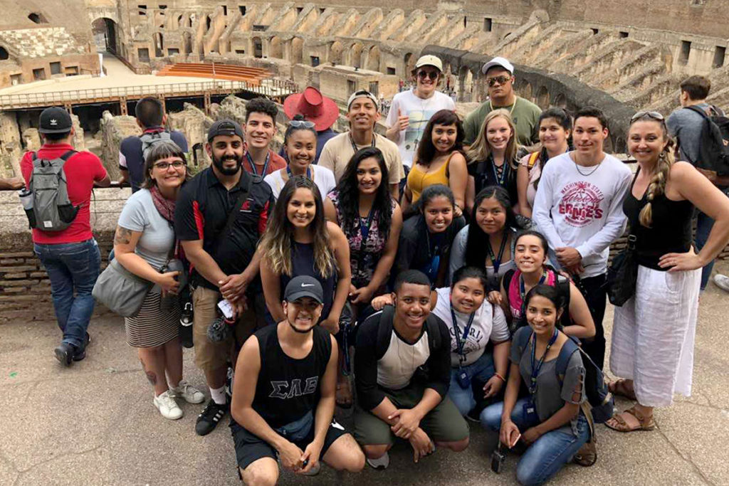 Students gathered inside the Colosseum in Rome.