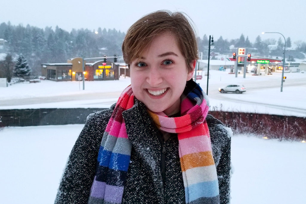 Closeup of Jacklyn Brendible on a snowy Pullman campus.
