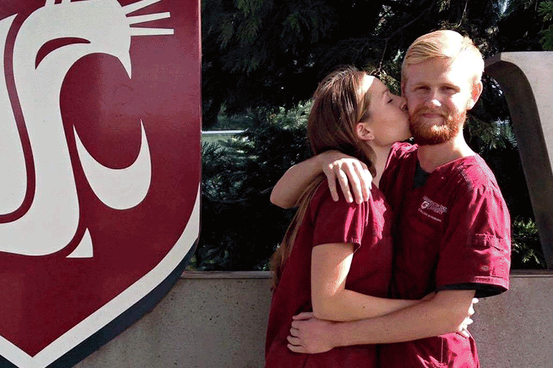 Various photos of Kayla Adrian and Colby Wade next to a WSU sign.
