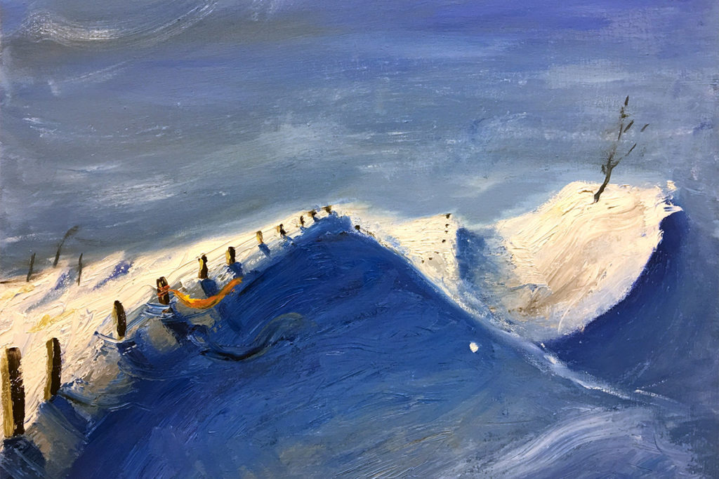 Student Christina Sagrelius’s oil on canvas painting makes use of Prussian blue pigments created in a lab of Smith grant awardees Joe Hedges and Amy Nielsen.