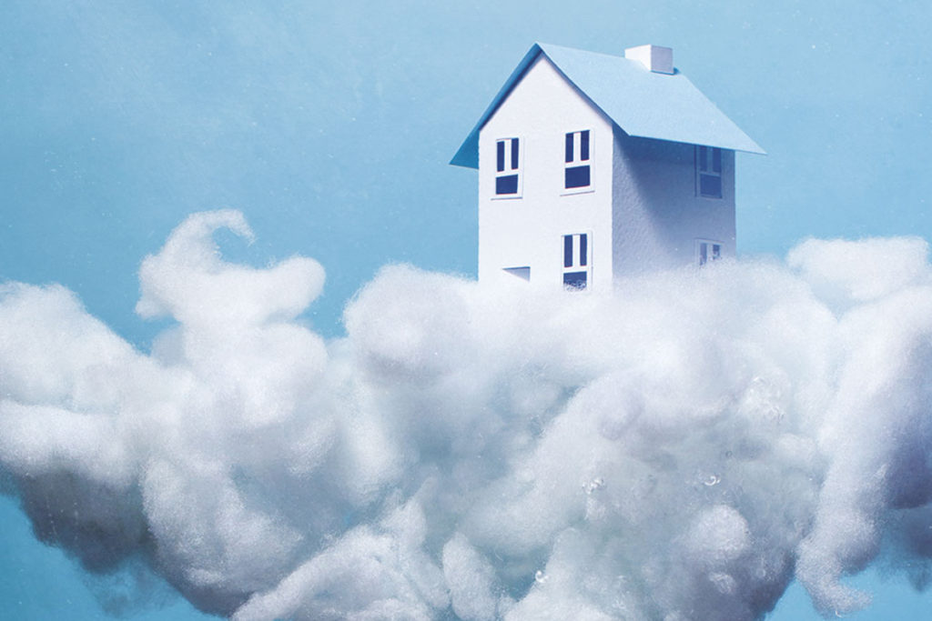 A house sitting on a cloud in the sky.