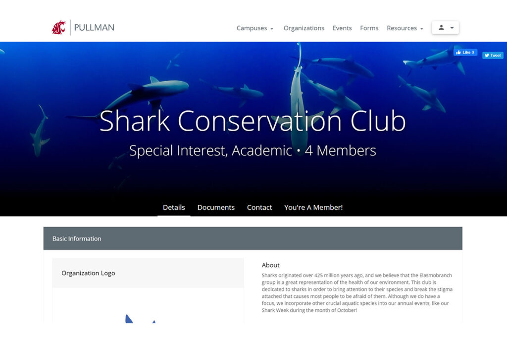 Screenshot of Shark Conversation Club's information on Coug Presence.