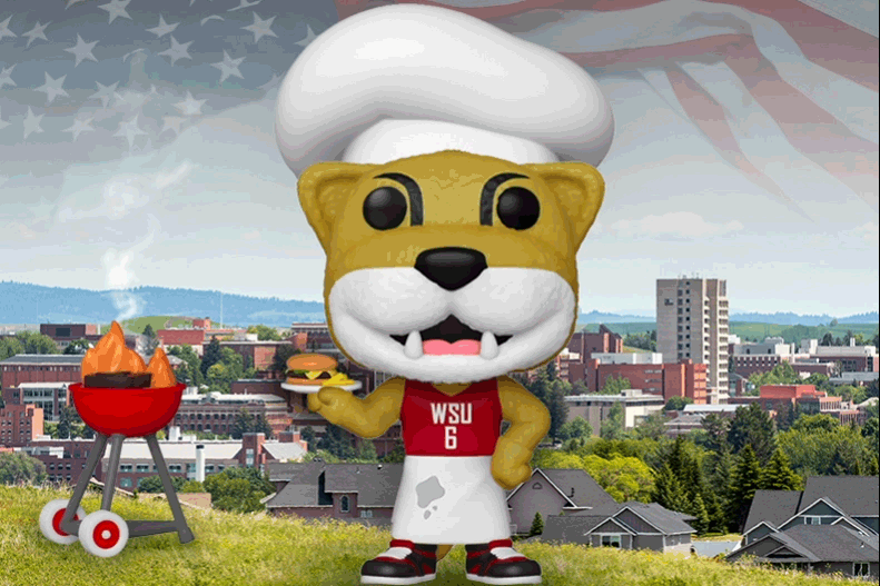 An animated Butch T. Cougar doll bobs his head as he grills food on a BBQ with an American flag and the WSU Pullman campus in the background.