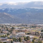 The Washington state town of Wenatchee with mountains in the distance
