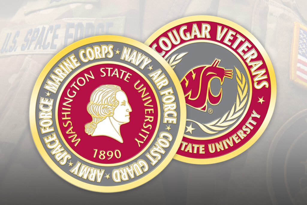 Concept art showcasing the front and back of a Washington State University Cougar Veterans challenge coin.