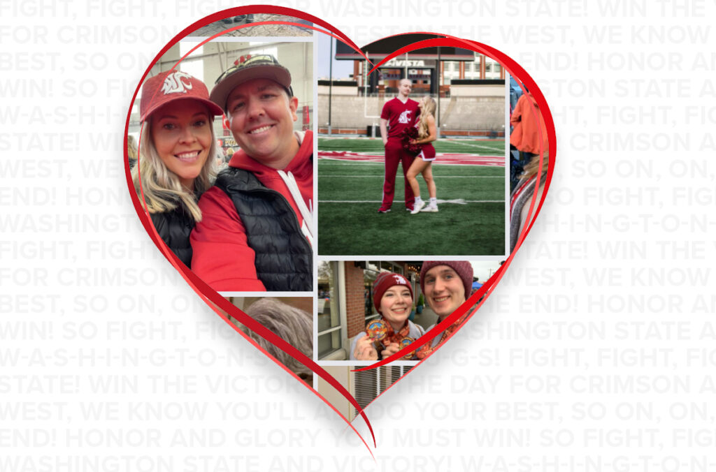 A collection of photos from Facebook posts of WSU fans, students, and alumni set in the shape of a heart.