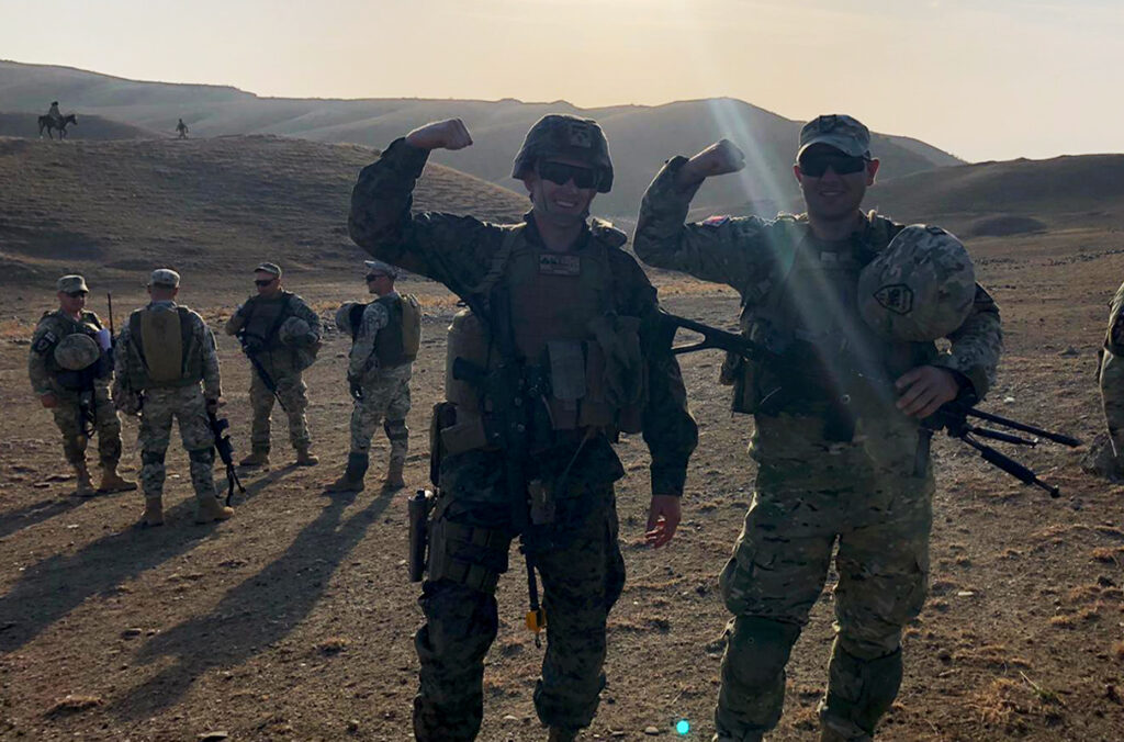 Closeup of U.S. Marines and Georgian infantry in the field.