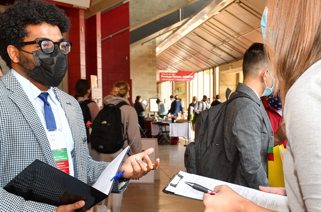 Closeup of students interacting at a recent Career Expo.