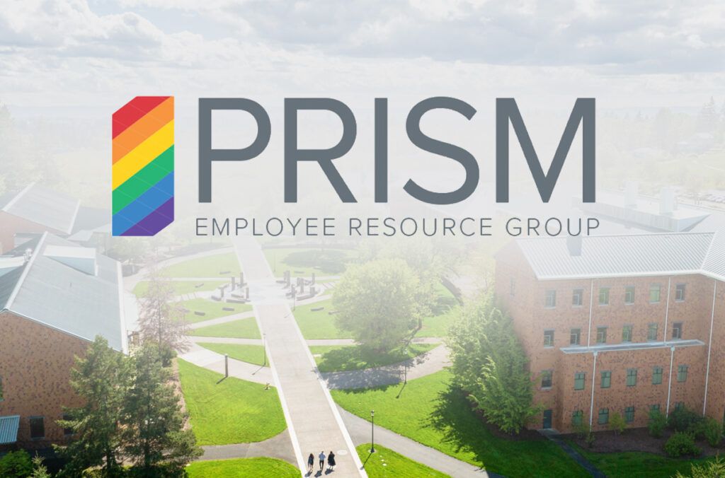 Logo for PRISM Employee Resource Group and an aerial view of the WSU Vancouver campus.
