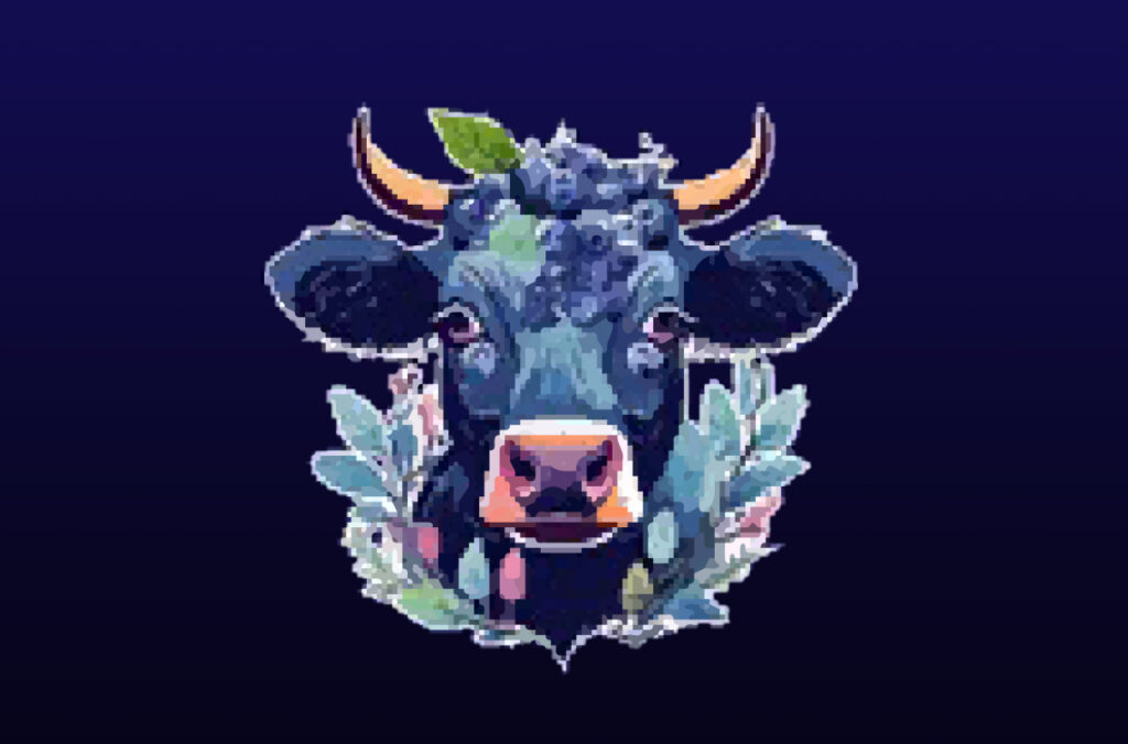A logo for Mooberries that features a blue cow and a bunch of grapes resting on its head.