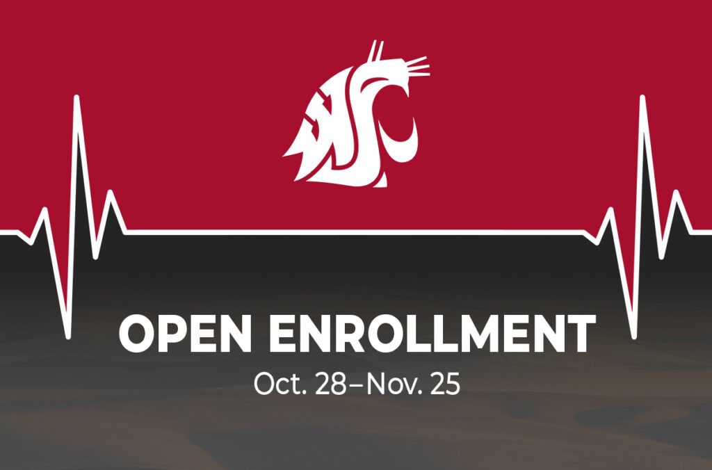 A composite featuring a WSU logo, a pulsating line, and rolling hills that advertises Open Enrollment, October 28 through November 25.