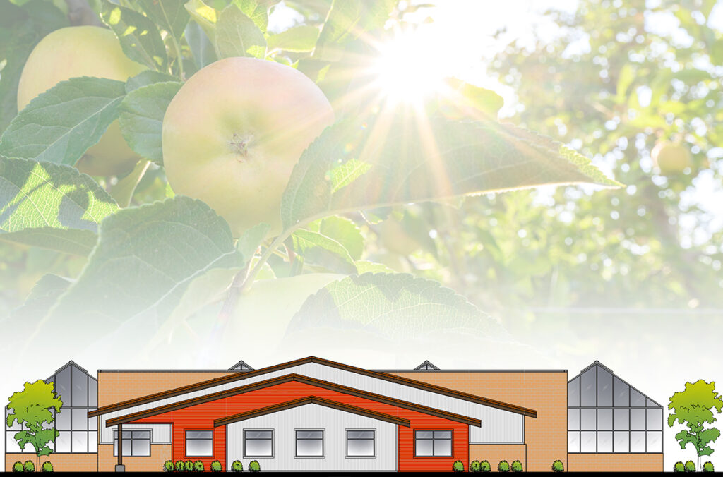 Composite featuring an illustration of a proposed plant growth facility and a photo of an apple orchard in the background.