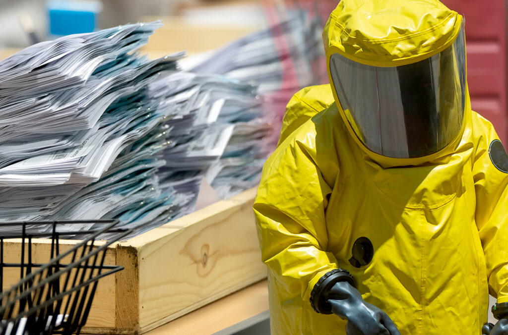 Composite featuring a stack of election ballots and someone in a hazmat suit.
