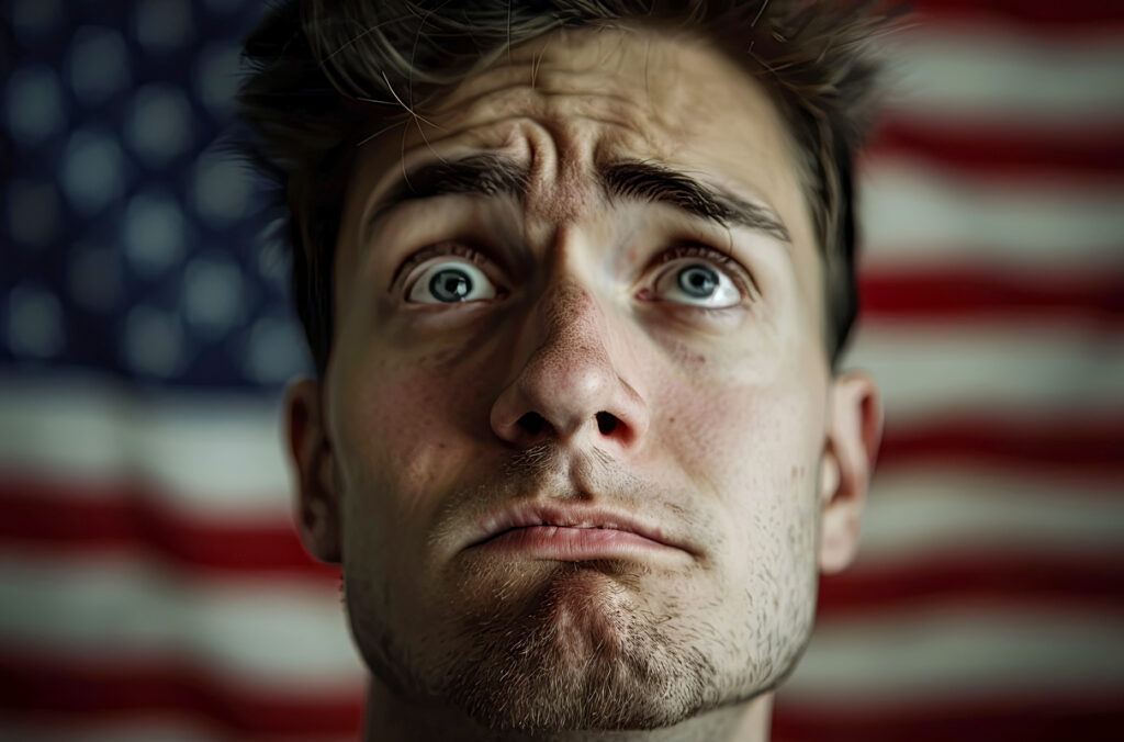 Closeup of a stressed man in front of an American flag.