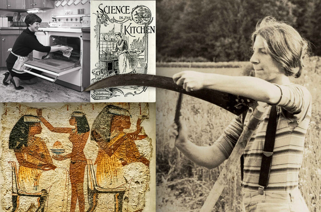 Composite featuring a woman removing a dish from an oven, a book cover for "Science in the Kitchen", a woman sharpening a scythe, and an Egyptian painting of a banquet.