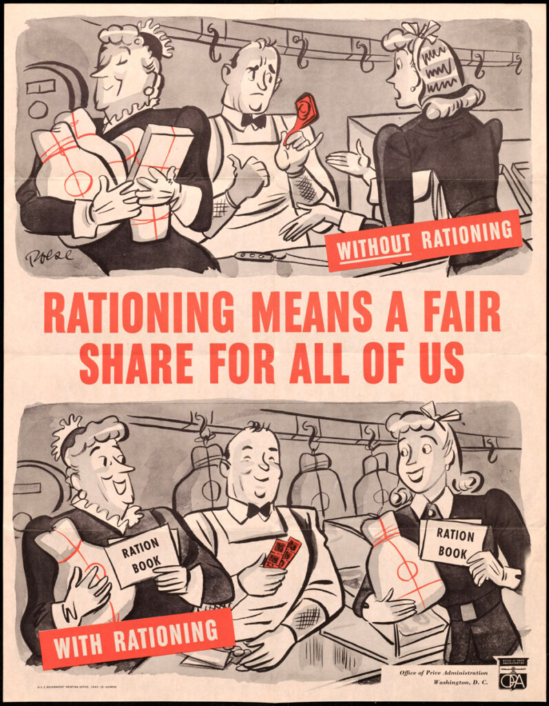 Poster that reads "Rationing Means a Fair Share for All of Us" with cartoon illustrations.