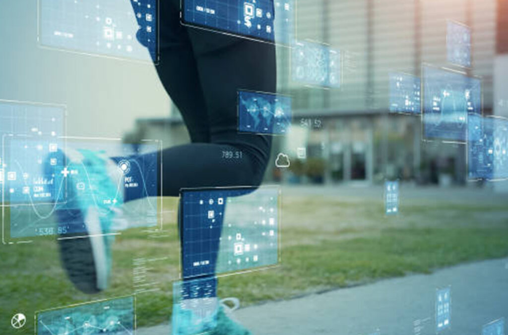 Semi-transparent charts and graphs superimposed on a closeup of a runner's legs and feet.