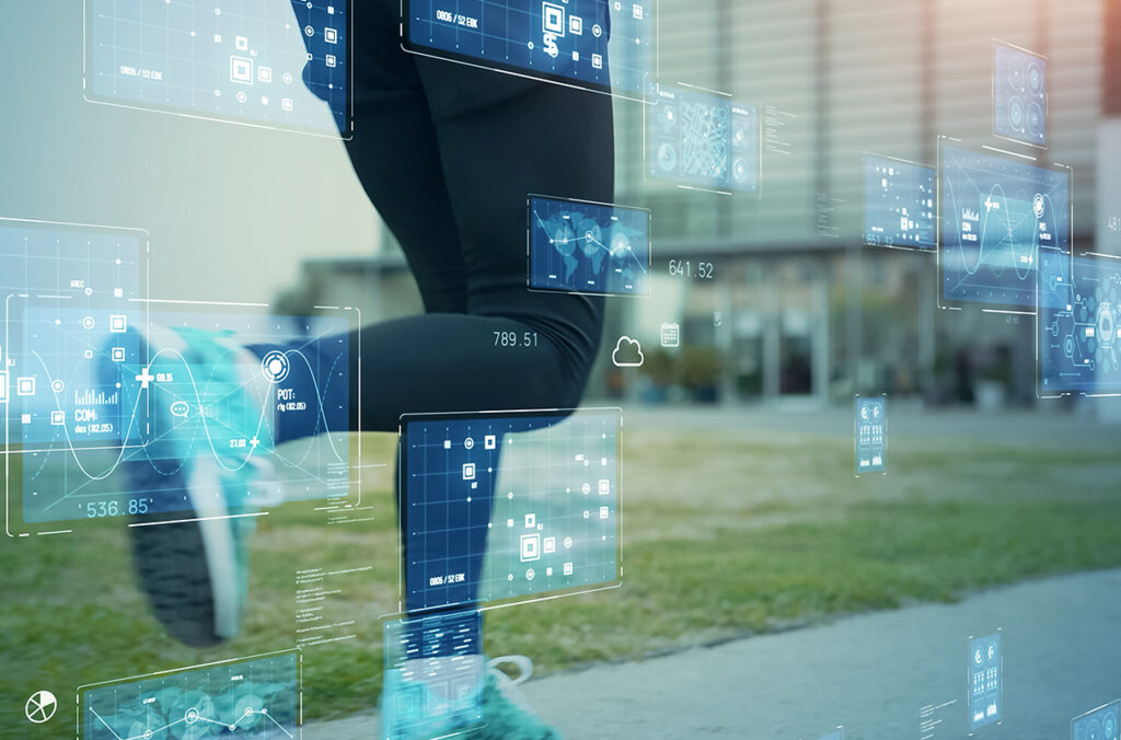 Semi-transparent charts and graphs superimposed on a closeup of a runner's legs and feet.