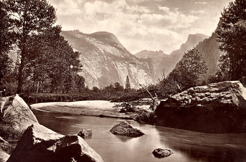 A Woodburytype print of the Merced River in Yosemite Valley, California.