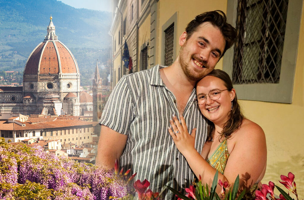 A composite featuring an engaged couple on the streets of Florence, Italy, and the Cathedral of Santa Maria Del Fiore.