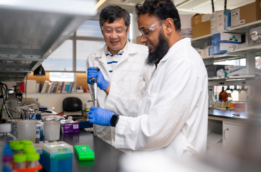Closeup of Jiyue Zhu and a student working in a laboratory.