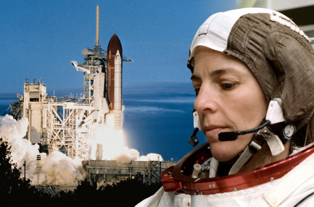 Composite featuring Bonnie Dunbar in a spacesuit and the space shuttle Columbia during liftoff.
