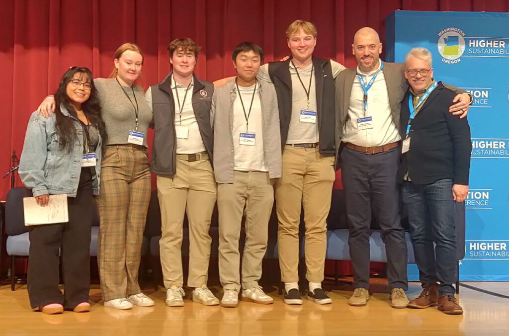 Students, pictured with Omar Al-Hassawi and David Drake, presented at the recent Washington Oregon Higher Education Sustainability Conference.