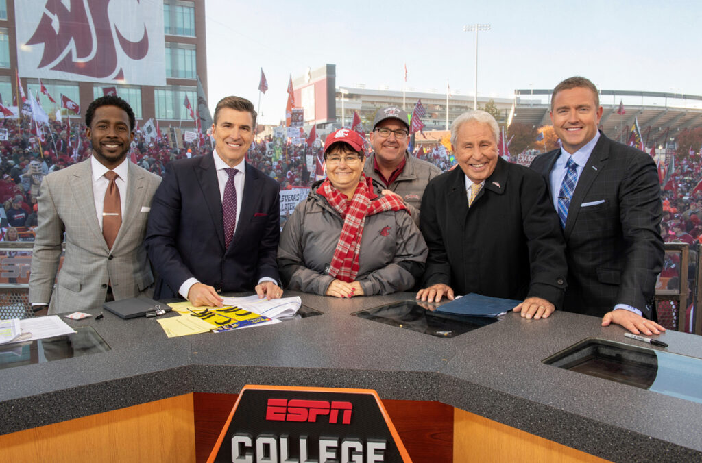 WSU President Kirk Schulz, his wife Noel, and the cast of ESPN's College GameDay on set at WSU Pullman.