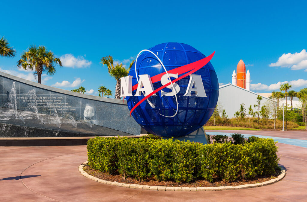 Closeup of NASA logo on a globe at the Kennedy Space Center.
