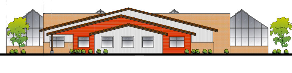 An artist's conception of the front of the new Plant Growth Facility.