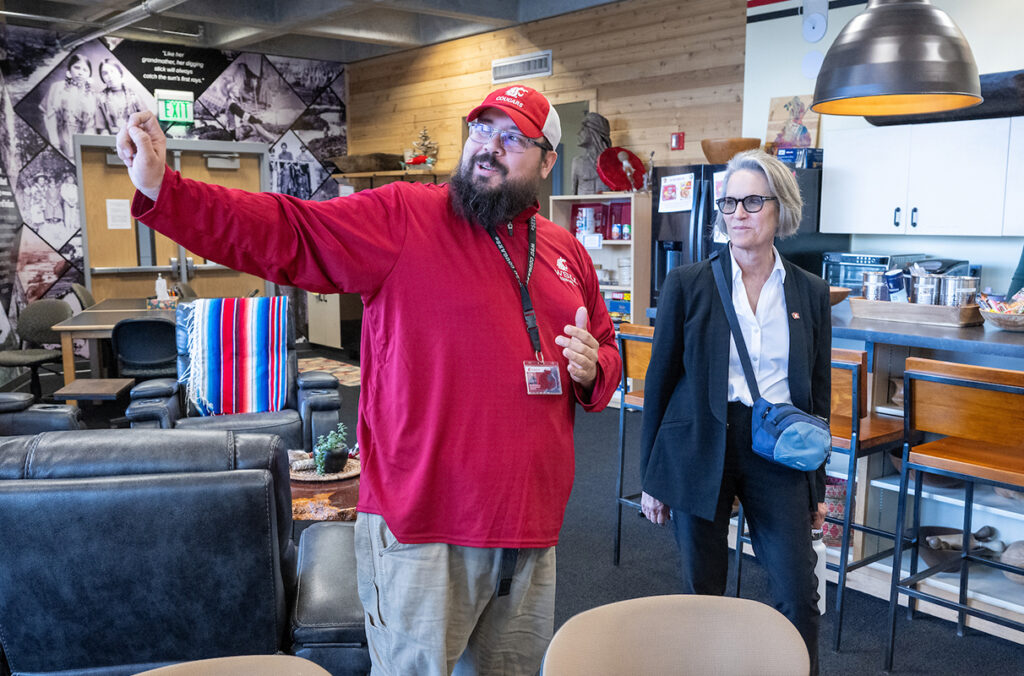 WSU President Elizabeth Cantwell and a WSU Spokane employee in an indigenous space on campus.