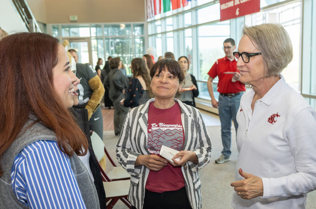 WSU President Elizabeth Cantwell visiting with members of the WSU Tri-Cities community.