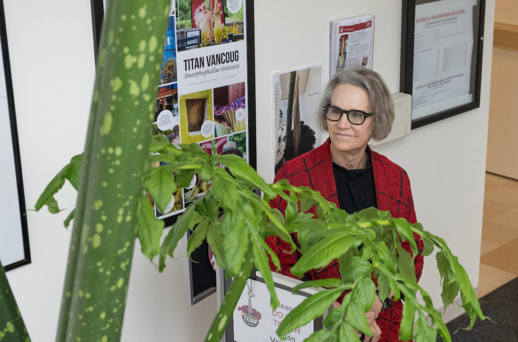 WSU President Elizabeth Cantwell admiring the corpse flower, Titan VanCoug.
