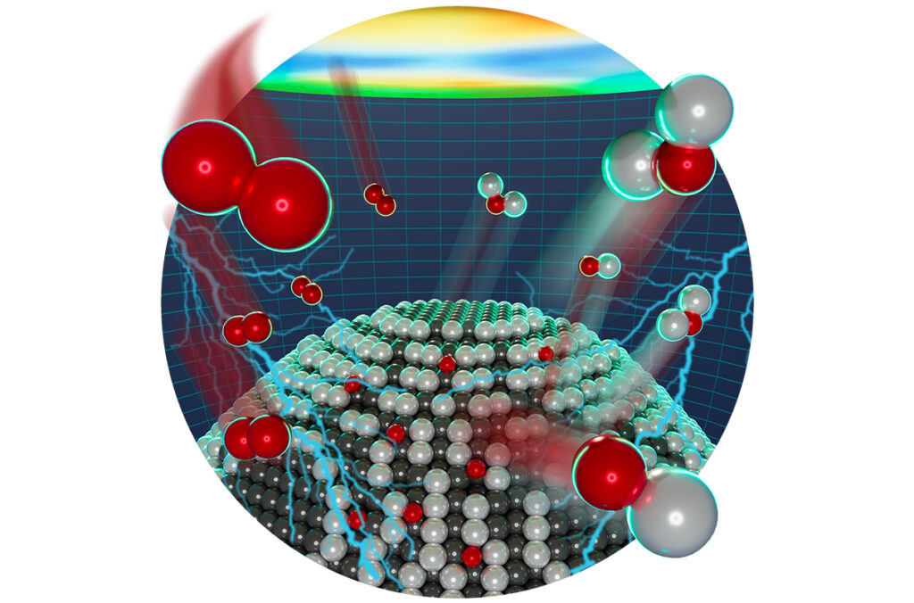 Illustration demonstrating a molecular reaction between iron and oxygen.