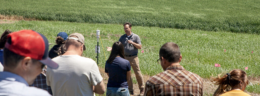 Ian Burke standing in a field talking to a group of growers and industry professionals.