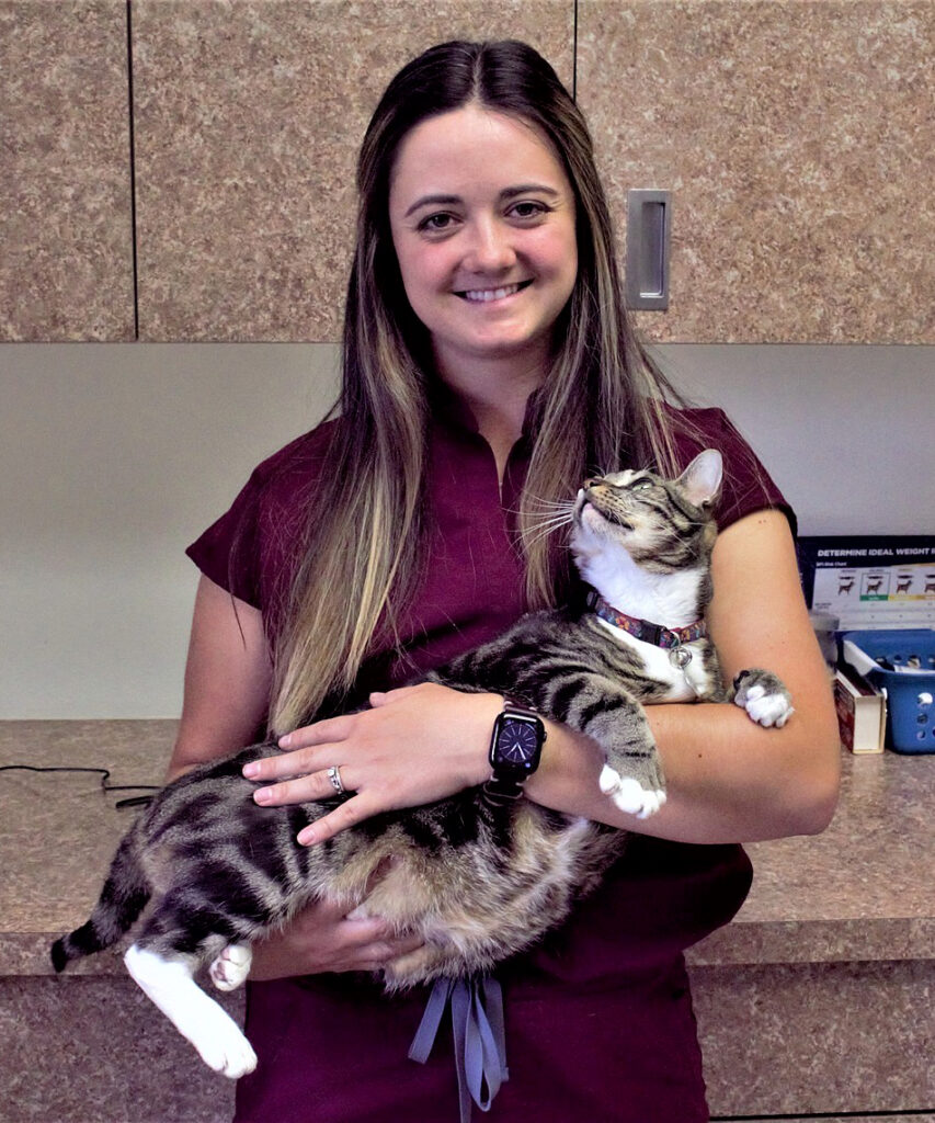 Dr. Sierra Temple poses for a photo with a cat at her Bonners Ferry veterinary clinic. 
