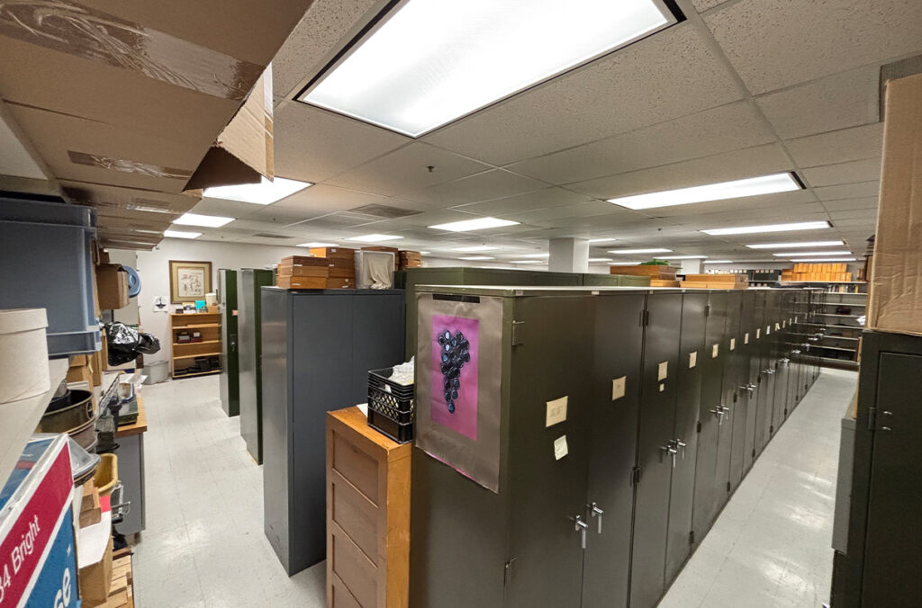 Metal storage cabinets containing items from the James Museum collection.