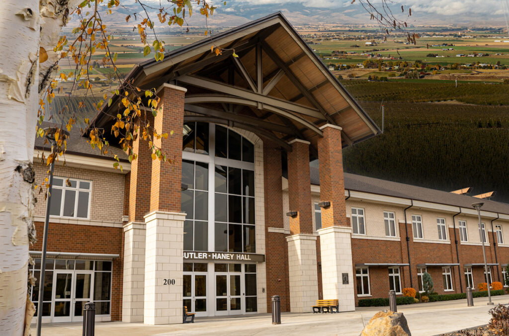 A composite featuring the entrance to Butler-Haney Hall and a panoramic view of the Yakima Valley.