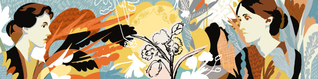 A painted mural featuring Virginia Woolf and Vanessa Bell.