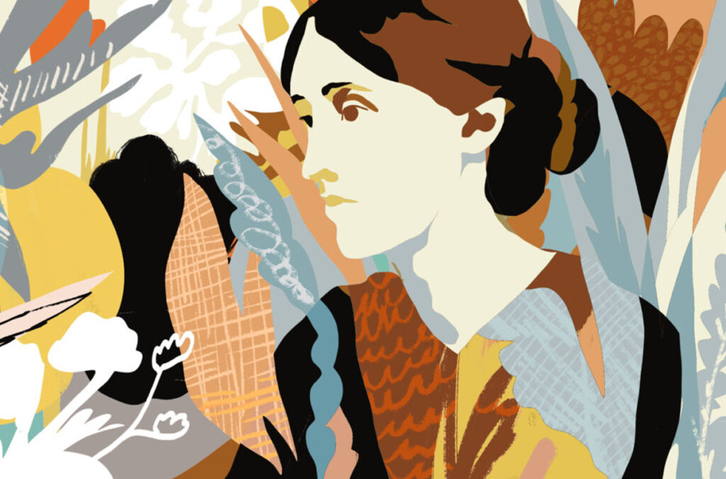 A cropped portion of a painted mural featuring Virginia Woolf and Vanessa Bell.