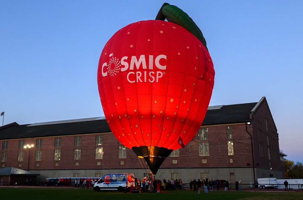 An apple-shaped hot air balloon prepares for launch on the WSU Pullman campus.